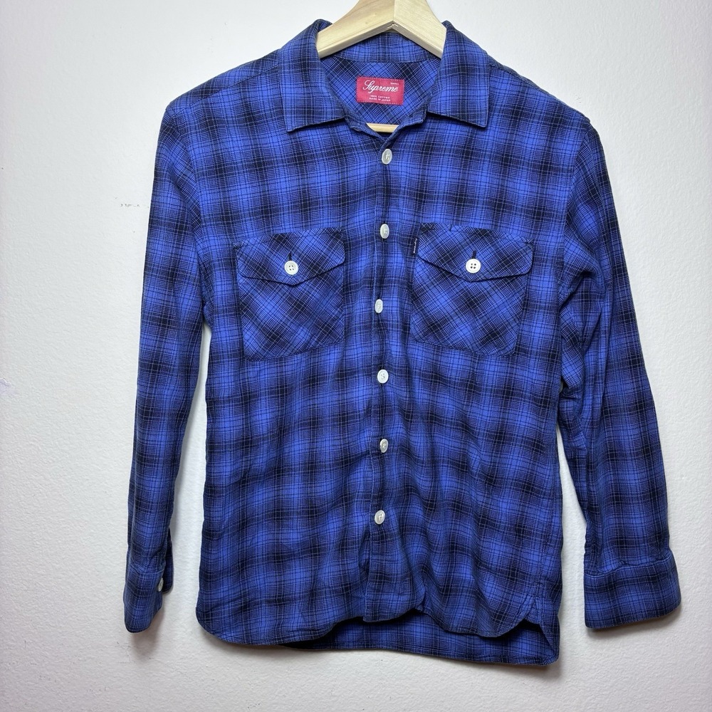 Supreme Cursive Logo Men's Small Check Button Up Long Sleeve Flannel Shirt